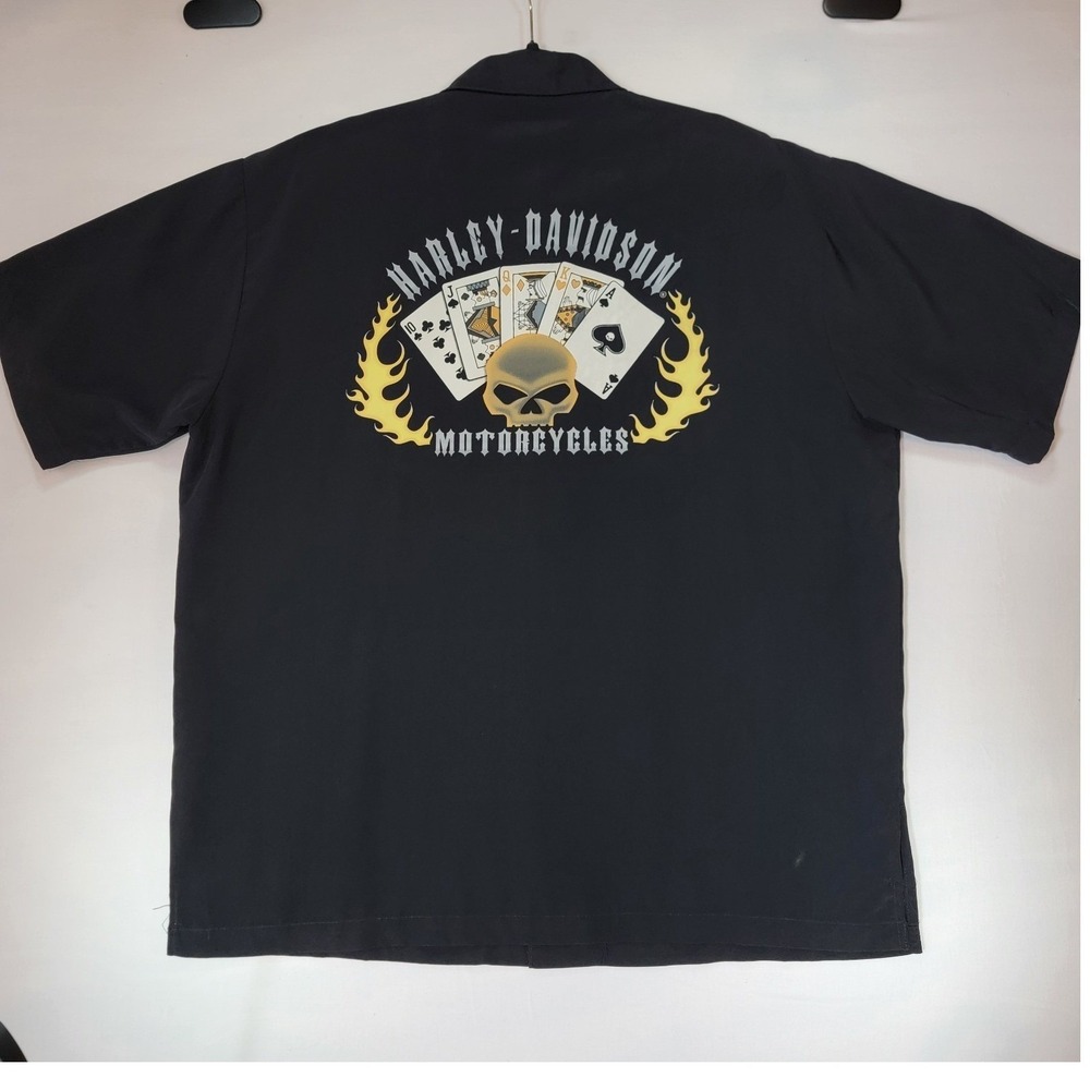 Harley Davidson Mens XL Black Button Up Shirt Skull Playing Cards Flames Graphic